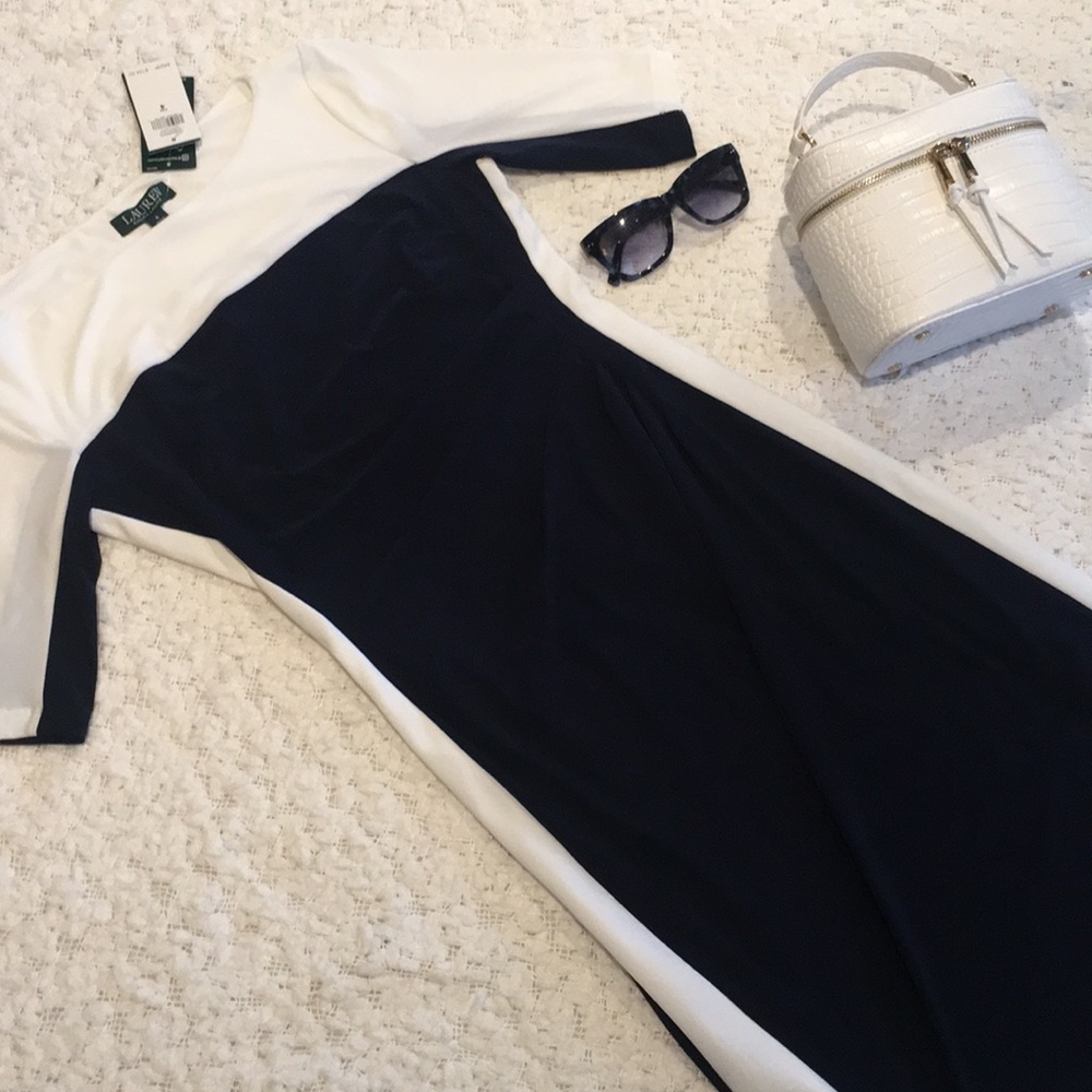 NWT Ralph Lauren Navy & White Body Con Lined w/Stretch Dress - Picture 7 of 15
